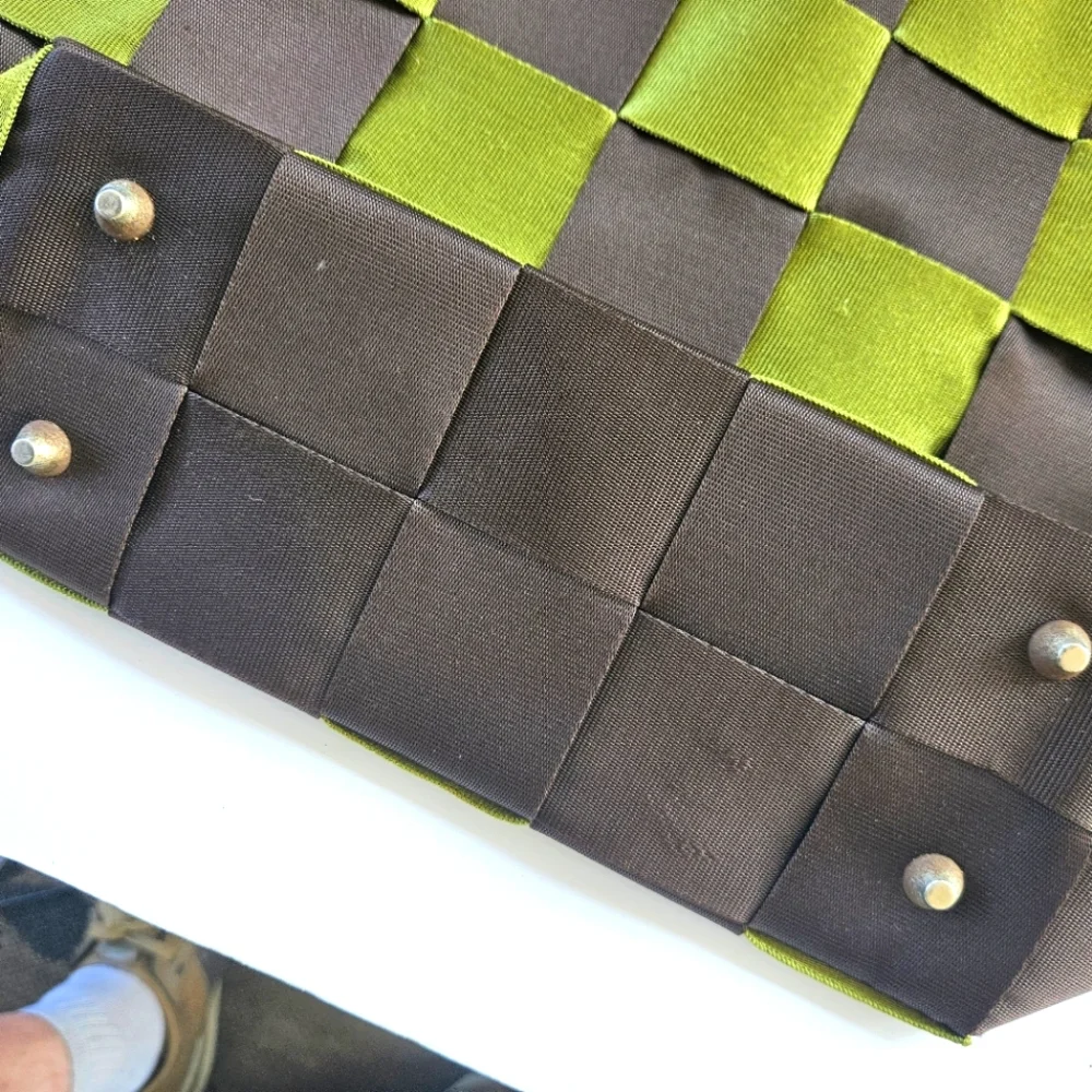 Nylon Brown and Green Basket Weave Shoulder Bag Heavy Duty - Picture 4 of 9